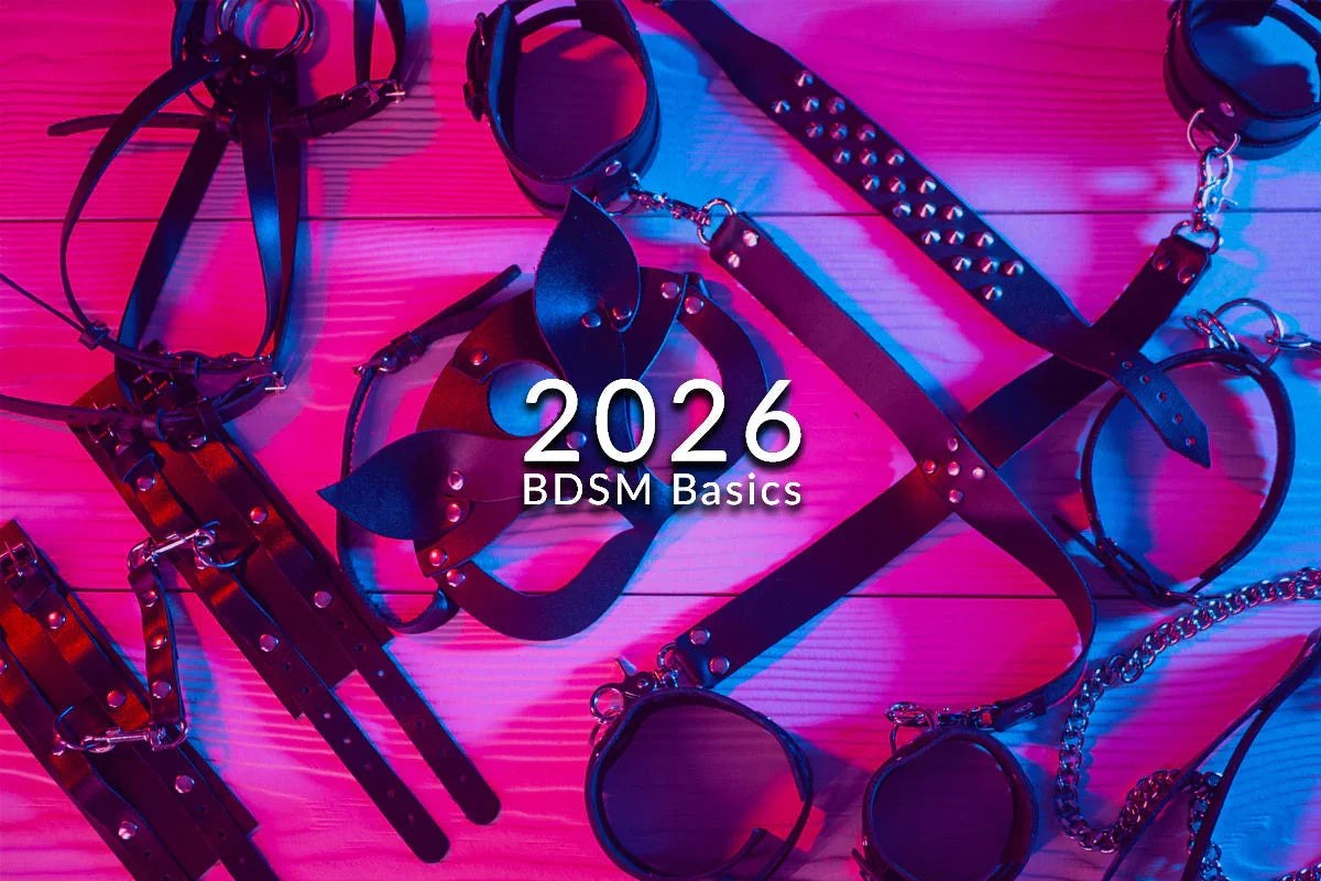 Collection of black leather bondage gear and restraints on a pink and blue background.