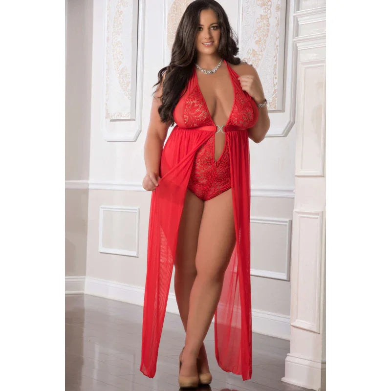 1 Pc. Zipper Crotch Teddy Gown - Red - Queen Size - MyPleasure
