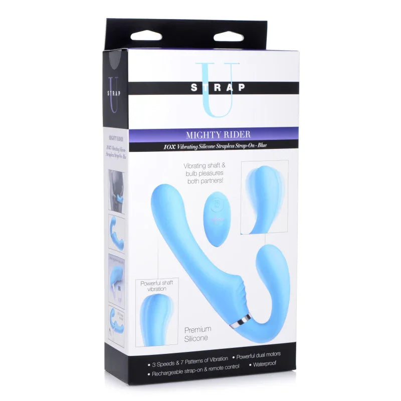 10x Mighty Rider Vibrating Strapless Strap-on - Blue - MyPleasure