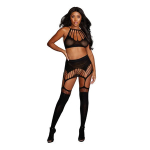 Bra, Garter Skirt, & Stockings - One Size - Black