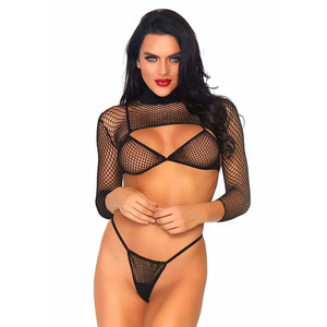 3 Pc. Industrial Net Bikini Top Thong and Long Sleeved Crop Top - One Size - Black