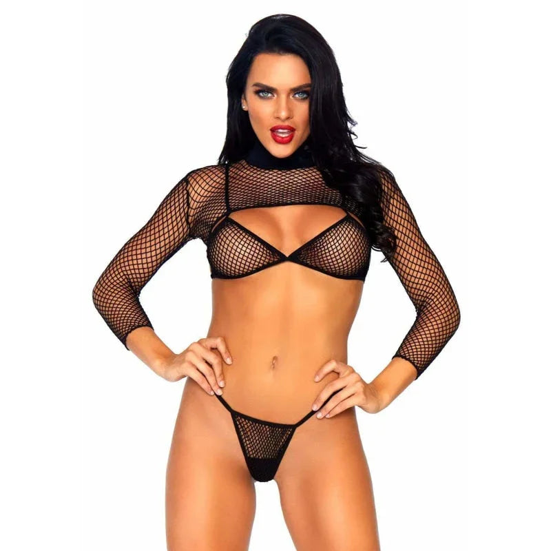 3 Pc. Industrial Net Bikini Top Thong and Long Sleeved Crop Top - One Size - Black