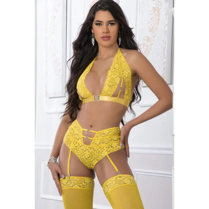 3pc High Waist Garter Laced Panty and Halter Top Set With Stockings - One Size - Illuminating