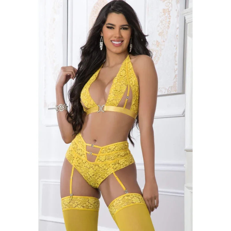 3pc High Waist Garter Laced Panty and Halter Top Set With Stockings - One Size - Illuminating