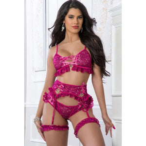 4pc Guipure Lace Garter Set With Lace Up Top and Panty - One Size - Berry Sorbet