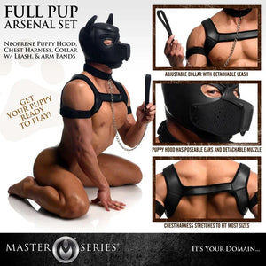Full Pup Arsenal Set Neoprene Puppy Hood, Chest Harness, Collar With Leash and Arm Band - Black