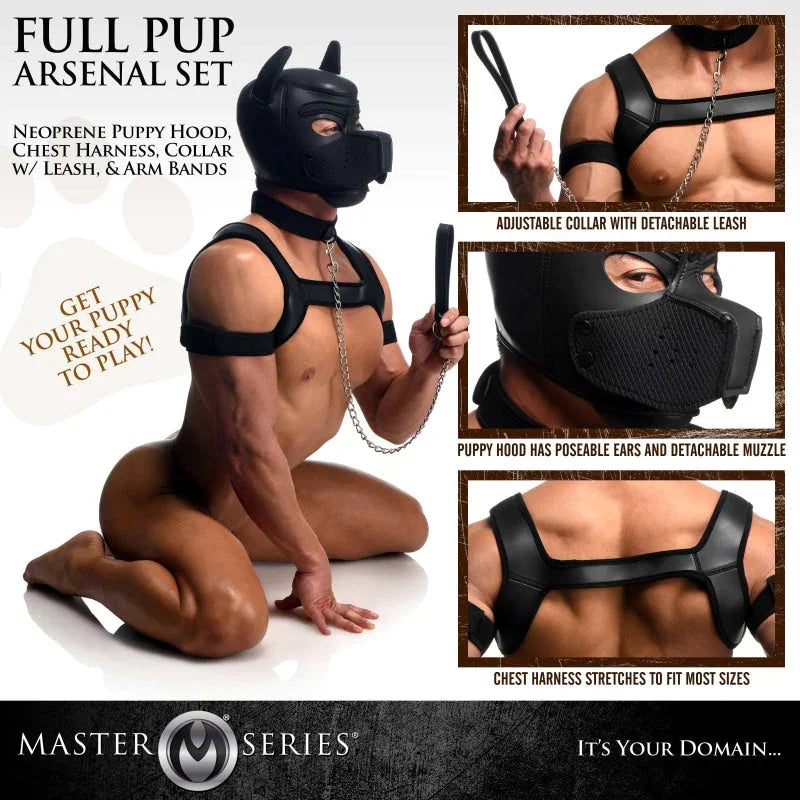 Full Pup Arsenal Set Neoprene Puppy Hood, Chest Harness, Collar With Leash and Arm Band - Black