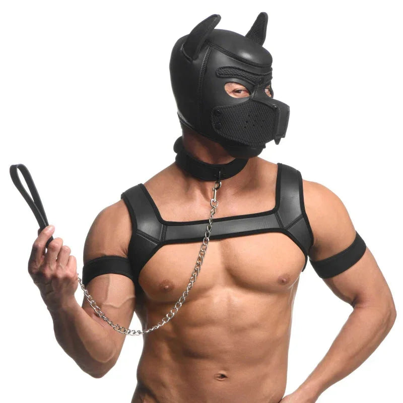 Full Pup Arsenal Set Neoprene Puppy Hood, Chest Harness, Collar With Leash and Arm Band - Black