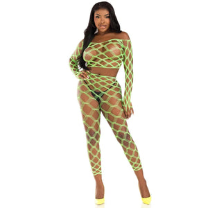 2 Pc Net Crop Top and Footless Tights - One Size - Neon Green - MyPleasure