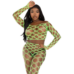 2 Pc Net Crop Top and Footless Tights - One Size - Neon Green - MyPleasure