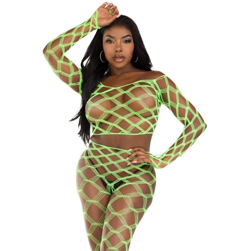 2 Pc Net Crop Top and Footless Tights - One Size - Neon Green - MyPleasure