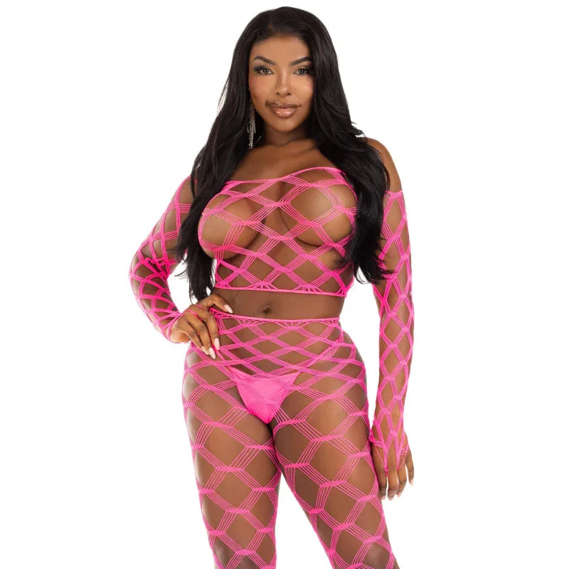 2 Pc Net Crop Top and Footless Tights - One Size - Neon Pink - MyPleasure