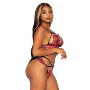 2 Pc Rhinestone Lace Bralette and G-String Set - Large - Burgundy - MyPleasure