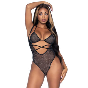 2 Pc. Rhinestone Wrap Around Bikini Top and Suspender Bodysuit - One Size - Black - MyPleasure