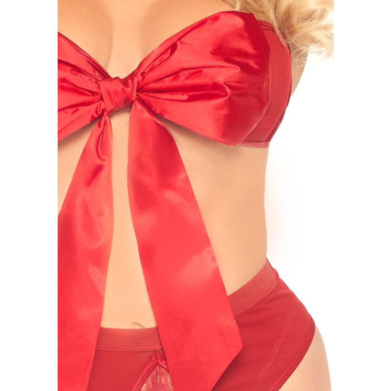 2 Pc Satin Ribbon Gift Bandeau With Hook-N-Eye Back and Matching G-String - Red - Large