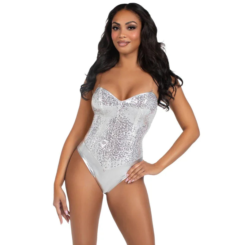 2 Pc Sequin Bodysuit - Medium - Silver - MyPleasure