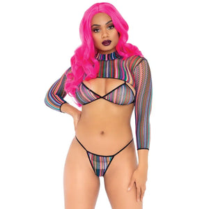 3 Pc Fishnet Bikini G-String and Crop Top - One Size - Multicolor - MyPleasure