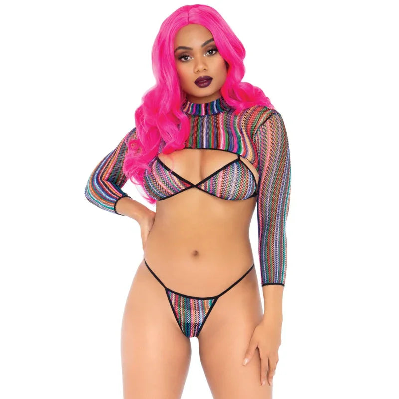 3 Pc Fishnet Bikini G-String and Crop Top - One Size - Multicolor - MyPleasure