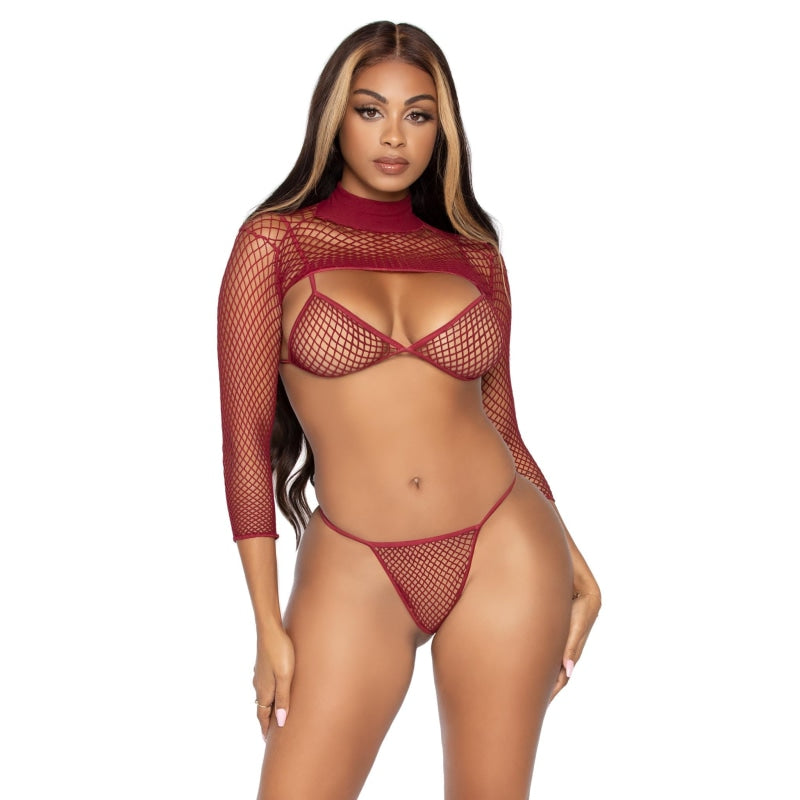 3 Pc Industrial Net Bikini Top G-String and Long Sleeved Crop Top - One Size - Burgundy - Lingerie & Sexy Apparel