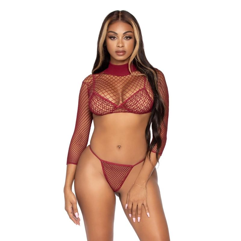3 Pc Industrial Net Bikini Top G-String and Long Sleeved Crop Top - One Size - Burgundy - Lingerie & Sexy Apparel