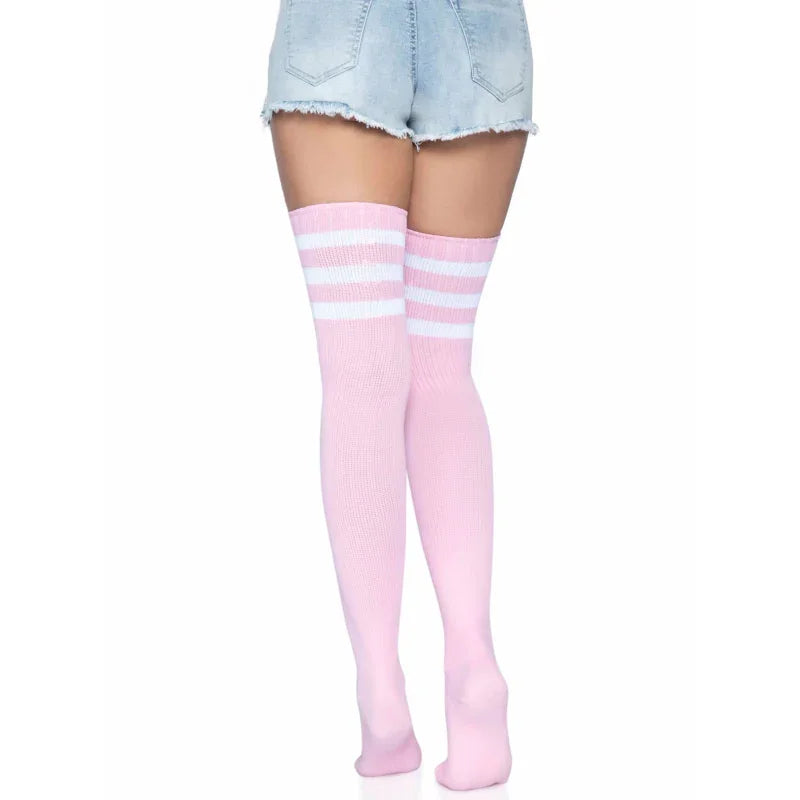3 Stripes Athletic Ribbed Thigh Highs - One Size - - One Size - Light Pink - MyPleasure