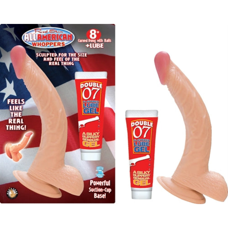 All American Whoppers 8-Inch Curved Dong With  Balls and Lube - Flesh