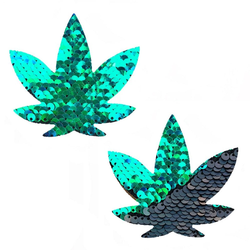 Ariel Green to Black Flip Sequin Gold 'Dope AF' Weed Leaf Pasties - Eye-Catching and Playful, Perfect for Expressive and Bold Fashion Statements