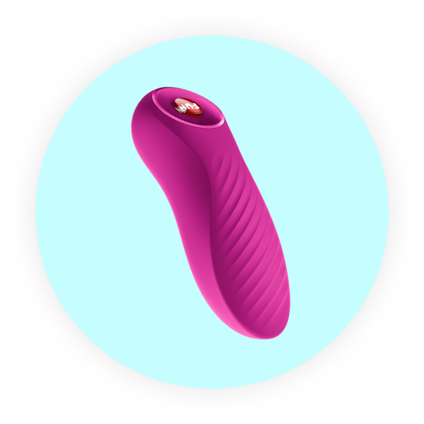 Pink electronic bullet vibrator on a light blue circular background