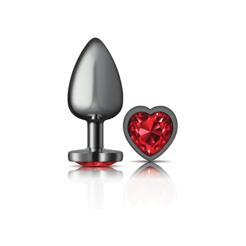Premium Gunmetal Large Metal Butt Plug with a Lustrous Dark Red Heart - Elegant and Durable Anal Toy, Perfect for Enhanced Pleasure and Stimulation