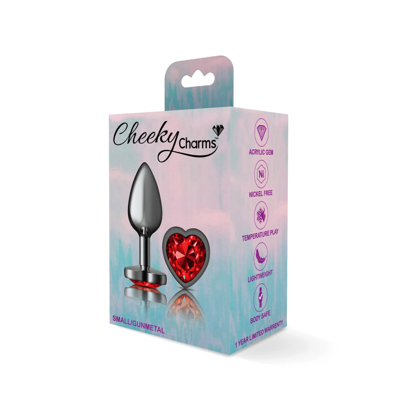 Cheeky Charms - Gunmetal Metal Butt Plug - Heart - Dark Red - Small