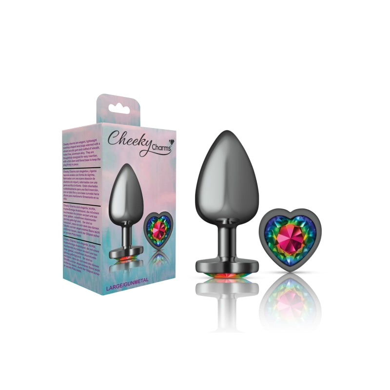 Cheeky Charms - Gunmetal Metal Butt Plug - Heart - Rainbow - Large - Anal Toys & Stimulators