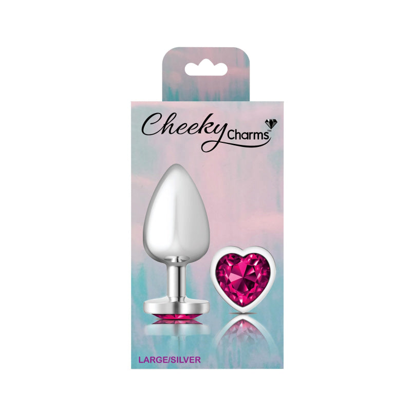 Cheeky Charms - Silver Metal Butt Plug - Heart - Bright Pink - Large