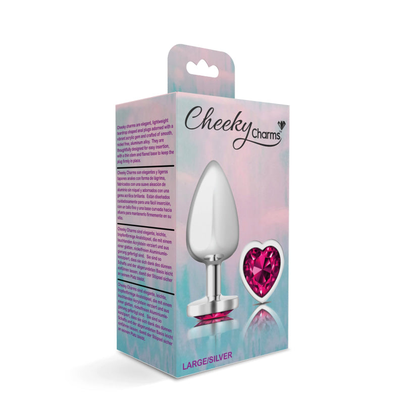 Cheeky Charms - Silver Metal Butt Plug - Heart - Bright Pink - Large