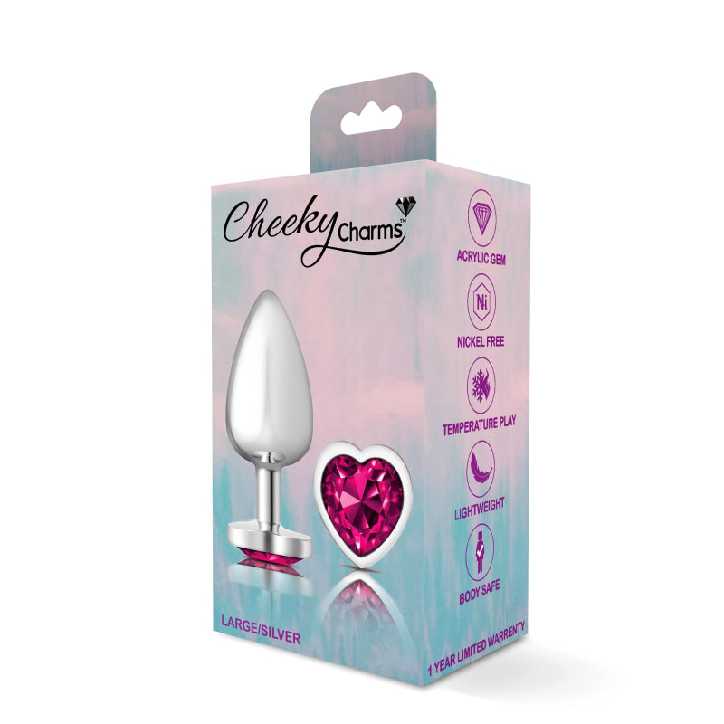 Cheeky Charms - Silver Metal Butt Plug - Heart - Bright Pink - Large