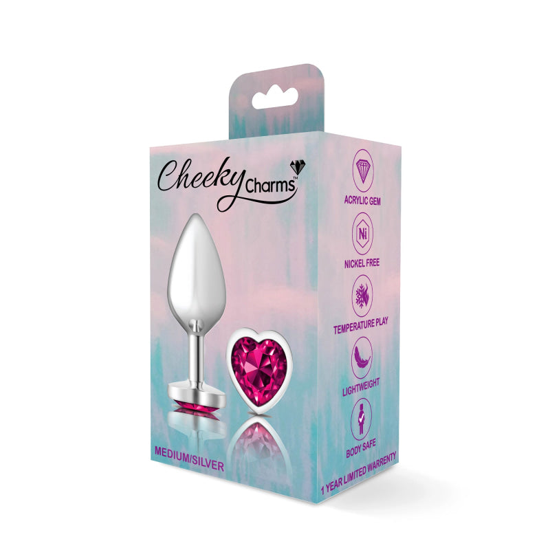 Cheeky Charms - Silver Metal Butt Plug - Heart - Bright Pink - Medium