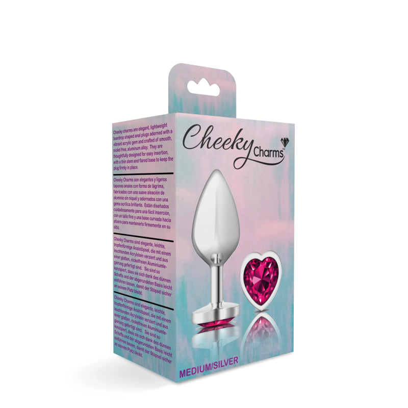 Cheeky Charms - Silver Metal Butt Plug - Heart - Bright Pink - Medium