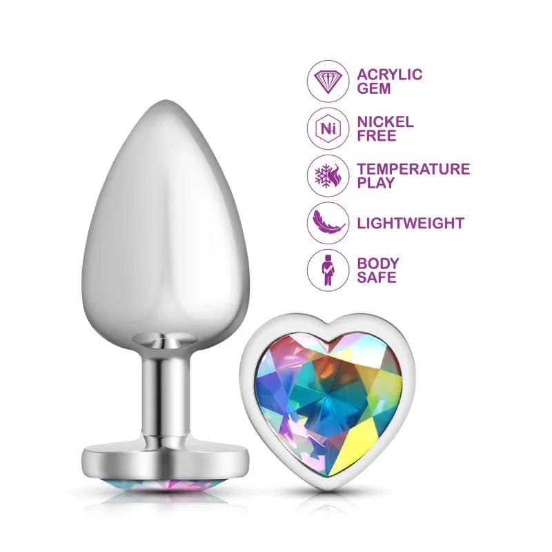 Cheeky Charms - Silver Metal Butt Plug - Heart - Clear - Large - MyPleasure