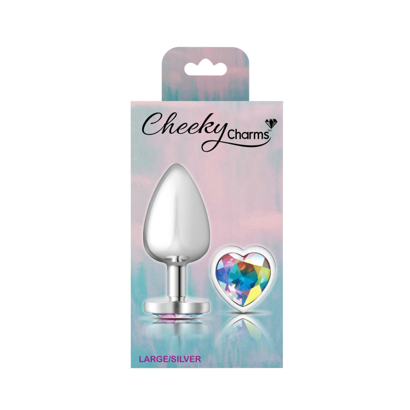 Cheeky Charms - Silver Metal Butt Plug - Heart - Clear - Large
