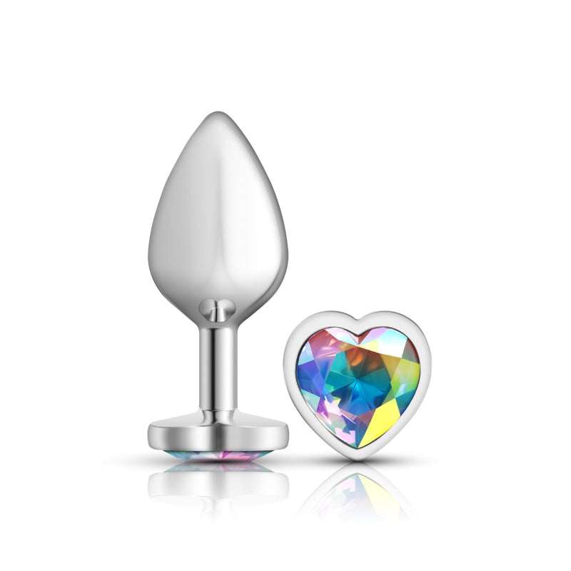 Cheeky Charms - Silver Metal Butt Plug - Heart - Clear - Medium