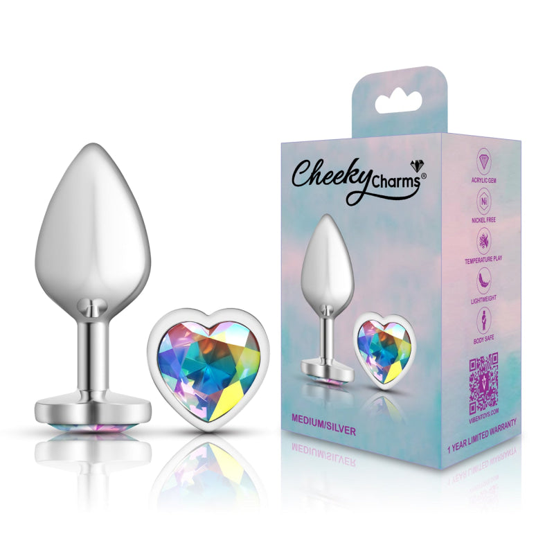 Cheeky Charms - Silver Metal Butt Plug - Heart - Clear - Medium