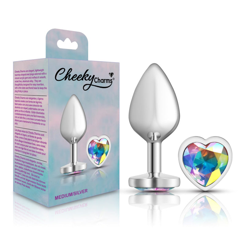 Cheeky Charms - Silver Metal Butt Plug - Heart - Clear - Medium