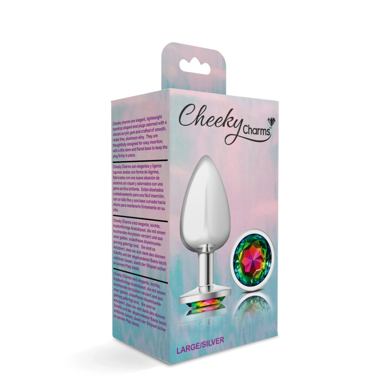 Cheeky Charms - Silver Metal Butt Plug - Round - Rainbow - Large