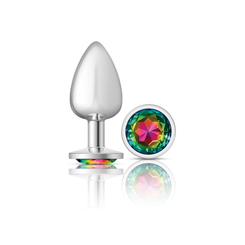 Cheeky Charms - Silver Metal Butt Plug - Round - Rainbow - Large