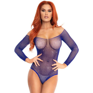 Crystalized Long Sleeve Fishnet Thong Back Bodysuit - One Size - Royal Blue - MyPleasure
