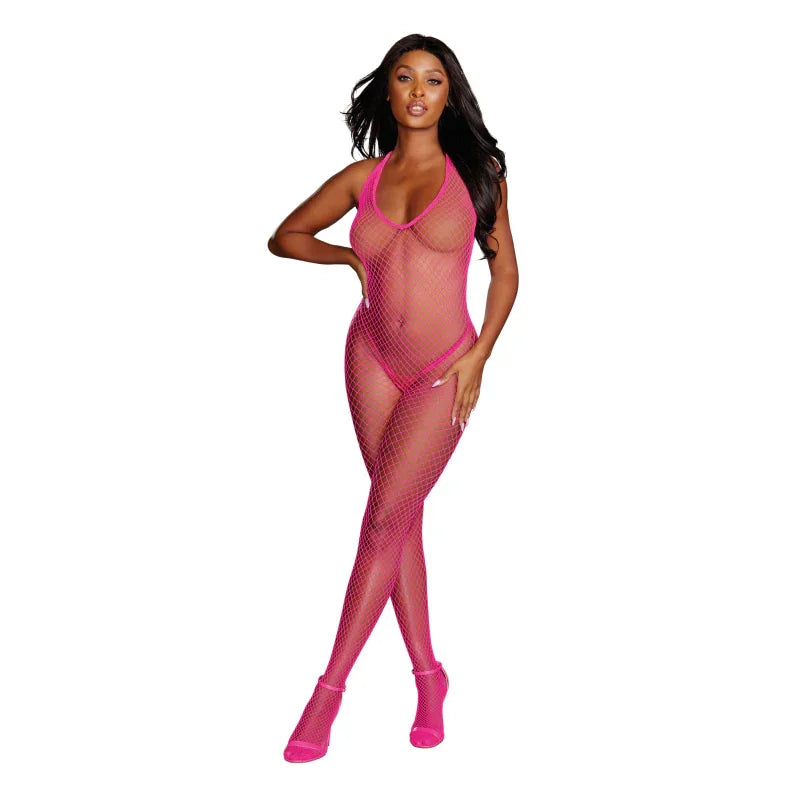 Diamond Net Bodystocking - One Size - Neon Pink - MyPleasure