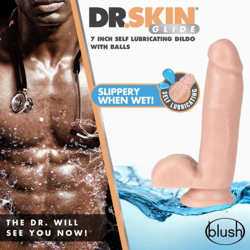 Dr. Skin Glide - 7 Inch Self Lubricating Dildo With Balls - Vanilla - MyPleasure
