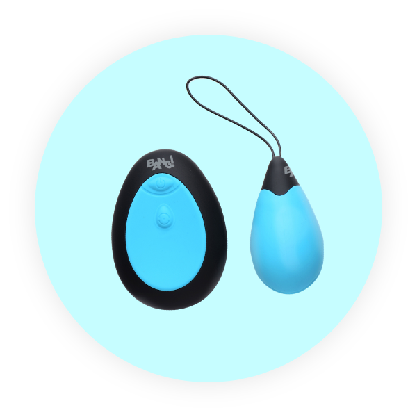 Blue and black electronic vibrator with a strap on a light blue circle