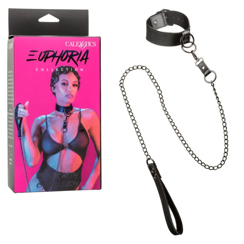 Euphoria Collection Collar With Chain Leash - Black - MyPleasure