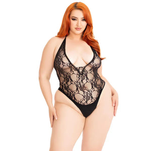 Floral Lace Deep-v Lace Up Teddy - 1x/2x - Black - MyPleasure