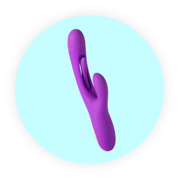 Purple silicone g-spot vibrator on a light blue circular background
